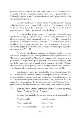 presente, pasado y futuro, más bien, preferimos hacerlo de una manera
indirecta, es decir, por medio de los respectivos tiempos que lo conforman.
Ello explica que no le hayamos asignado ningún color y que ni siquiera lo
mencionáramos en clase.
        Los otros modos que también tienen presente, pasado y futuro,
sólo se trabajaron para expresar la idea principal que expresaba, y así, los
vacíos se fueron llenando al combinar las ideas de los modos con el
presente, pasado y futuro que más adelante detallamos:
        El condicional estuvo asociado con el marrón, el imperativo con
el color azul índigo, el infinitivo con el verde manzana, el subjuntivo con
el color plata, y el participio con el verde esmeralda. Los cinco modos
anteriores, a diferencia del modo indicativo, sí se reconocían por sus
nombres, cajas y colores propios, los cuales se trabajaron a imagen y
semejanza del presente continuo, pasado simple y futuro simple; expuestos
anteriormente. (V. 21.1).
        Por cuanto inicialmente asociamos los diversos modos con cajas
coloreadas, como ya se dijo, ello nos permitió hacer el siguiente ejercicio:
“Pásame el subjuntivo”, o “Pásame el imperativo”, y entonces, nos
pasábamos las respectivas cajitas. También, buscábamos dentro de cada
una de las cinco cajas las cinco papeletas que contenían. Ejemplo: “Pásame
el condicional de tocar”, porque, como se recordará, fueron cinco los verbos
inicialmente seleccionados para trabajar todos los modos. (V. 21.1).
        Quisiéramos destacar que, para facilitar la memorización de estos
modos, así como de los verbos y tiempos que expondremos a continuación,
asociamos cada modo, verbo y tiempo con una frase, la cual actuaba como
recurso nemotécnico para estudiarlos, memorizarlos y repasarlos. La frase
contenía la primera persona del singular, actuaba como un “punto de lanza” y
permitía evocar las otras personas, tal y como se expone en el siguiente párrafo.

23.     PRESENTE SIMPLE, PASADO IMPERFECTO, PASADO PLUSCUAMPERFECTO,
        PASADO PERFECTO, FUTURO PERFECTO
        Los tiempos enunciados fueron asociados a los siguientes colores:
        Presente simple:                 amarillo naranja
        Pasado imperfecto:               rojo quemado
        Pasado pluscuamperfecto:         rojo escarlata

                                      194
 