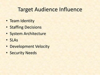 Target Audience Influence
• Team Identity
• Staffing Decisions
• System Architecture
• SLAs
• Development Velocity
• Security Needs
 