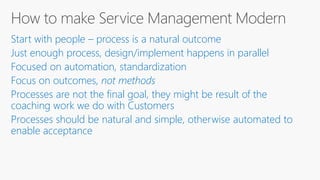 How to make Service Management Modern
Start with people – process is a natural outcome
Just enough process, design/implement happens in parallel
Focused on automation, standardization
Focus on outcomes, not methods
Processes are not the final goal, they might be result of the
coaching work we do with Customers
Processes should be natural and simple, otherwise automated to
enable acceptance
 