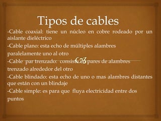 -Cable coaxial: tiene un núcleo en cobre rodeado por un 
aislante dieléctrico 
-Cable plano: esta echo de múltiples alambres 
paralelamente uno al otro 
-Cable par trenzado: consiste en pares de alambres 
trenzado alrededor del otro 
-Cable blindado: esta echo de uno o mas alambres distantes 
que están con un blindaje 
-Cable simple: es para que fluya electricidad entre dos 
puntos 
 