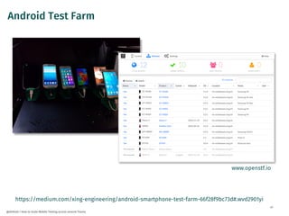 47
@dnlkntt | How to Scale Mobile Testing across several Teams
Android Test Farm
www.openstf.io
https://medium.com/xing-engineering/android-smartphone-test-farm-66f28f9bc73d#.wvd2901yi
 