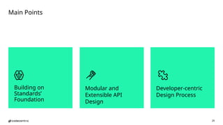29
Building on
Standards’
Foundation
Modular and
Extensible API
Design
Developer-centric
Design Process
Main Points
 
