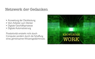 Netzwerk der Gedanken

•   Ausweitung der Denkleistung
•   Vom Arbeiter zum Denker
•   Digitale Geschäftsprozesse
•   Digitale Automatisierung

Produktivität entsteht nicht durch
                                          KNOWLEDGE
Computer, sondern durch die Schaffung
eines gemeinsamen Wissensgedächtnisses.
                                          WORK
 