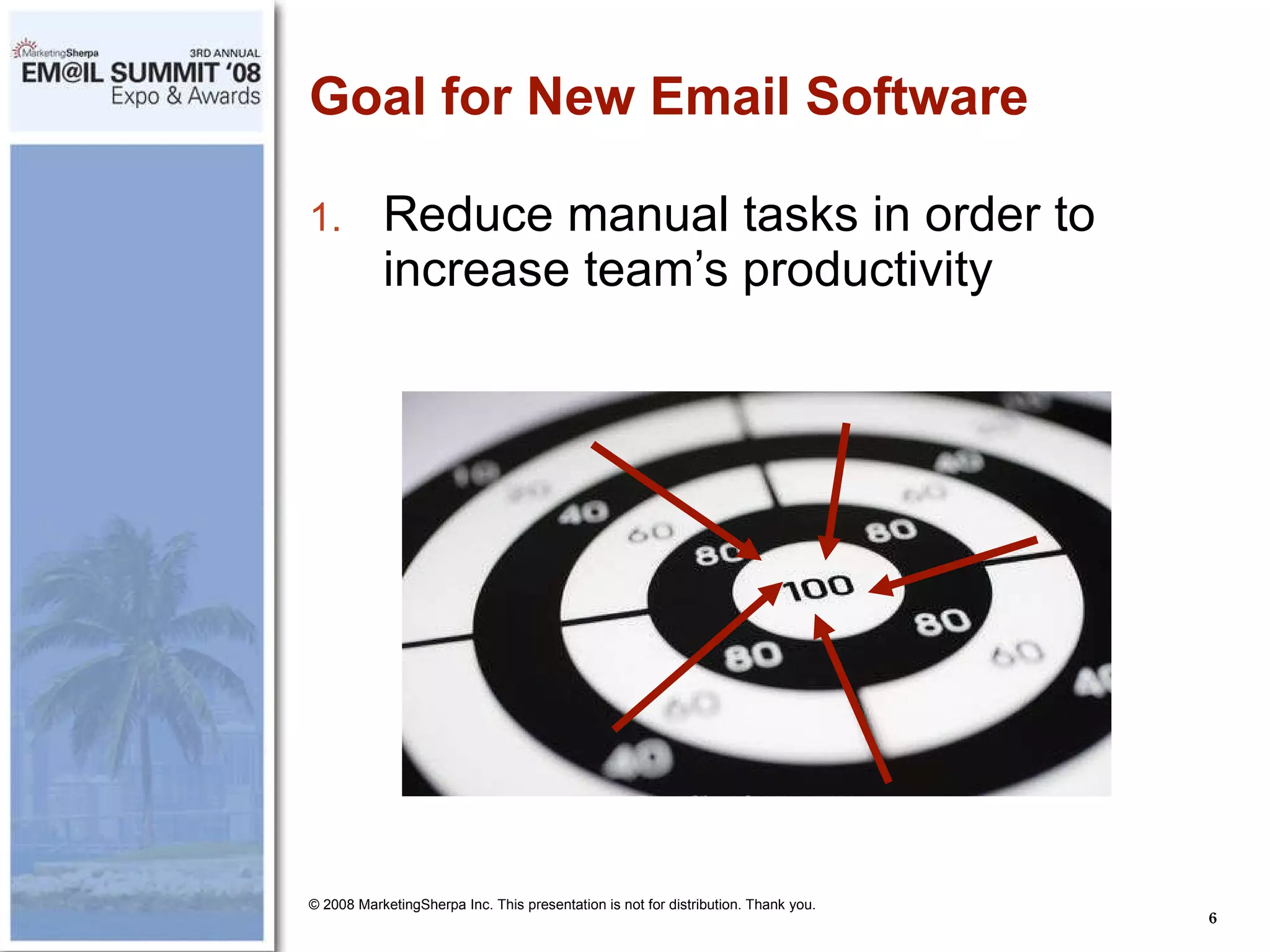 Goal for New Email Software Reduce manual tasks in order to increase team’s productivity © 2008 MarketingSherpa Inc. This presentation is not for distribution. Thank you. 