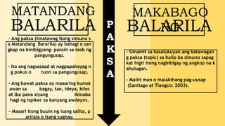 P
A
K
S
A
MATANDANG
BALARILA
MAKABAGO
NGBALARILA
- Ang paksa (tinatawag itong simuno s
a Matandang Bararila) ay bahagi o san
gkap na binibigyang- pansin sa loob ng
pangungusap.
- Ito ang nagsasaad at nagpapahayag n
g pokus o tuon sa pangungusap.
- Ang bawat paksa ay maaaring kumat
awan sa bagay, tao, ideya, kilos
at iba pana siyang ibinaba
hagi ng ispiker sa kanyang awdeyns.
- Maaari itong buuin ng isang salita, p
arirala o isang sugnay.
- Ginamit sa kasalukuyan ang katawagan
g paksa (topic) sa halip ba simuno sapag
kat higit itong nagbibigay ng angkop na k
ahulugan.
- Maliit man o malakihang pag-uusap
(Santiago at Tiangco: 2003).
 