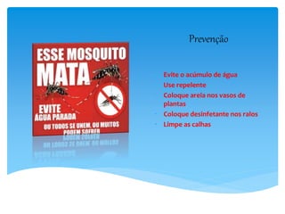Prevenção
• Evite o acúmulo de água
• Use repelente
• Coloque areia nos vasos de
plantas
• Coloque desinfetante nos ralos
• Limpe as calhas
 