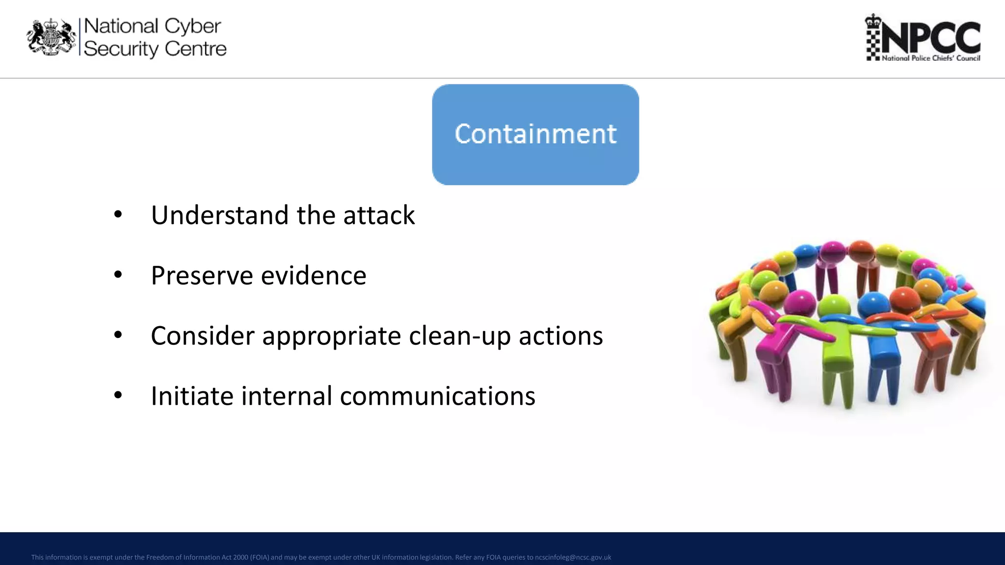 This information is exempt under the Freedom of Information Act 2000 (FOIA) and may be exempt under other UK information legislation. Refer any FOIA queries to ncscinfoleg@ncsc.gov.uk
• Understand the attack
• Preserve evidence
• Consider appropriate clean-up actions
• Initiate internal communications
 