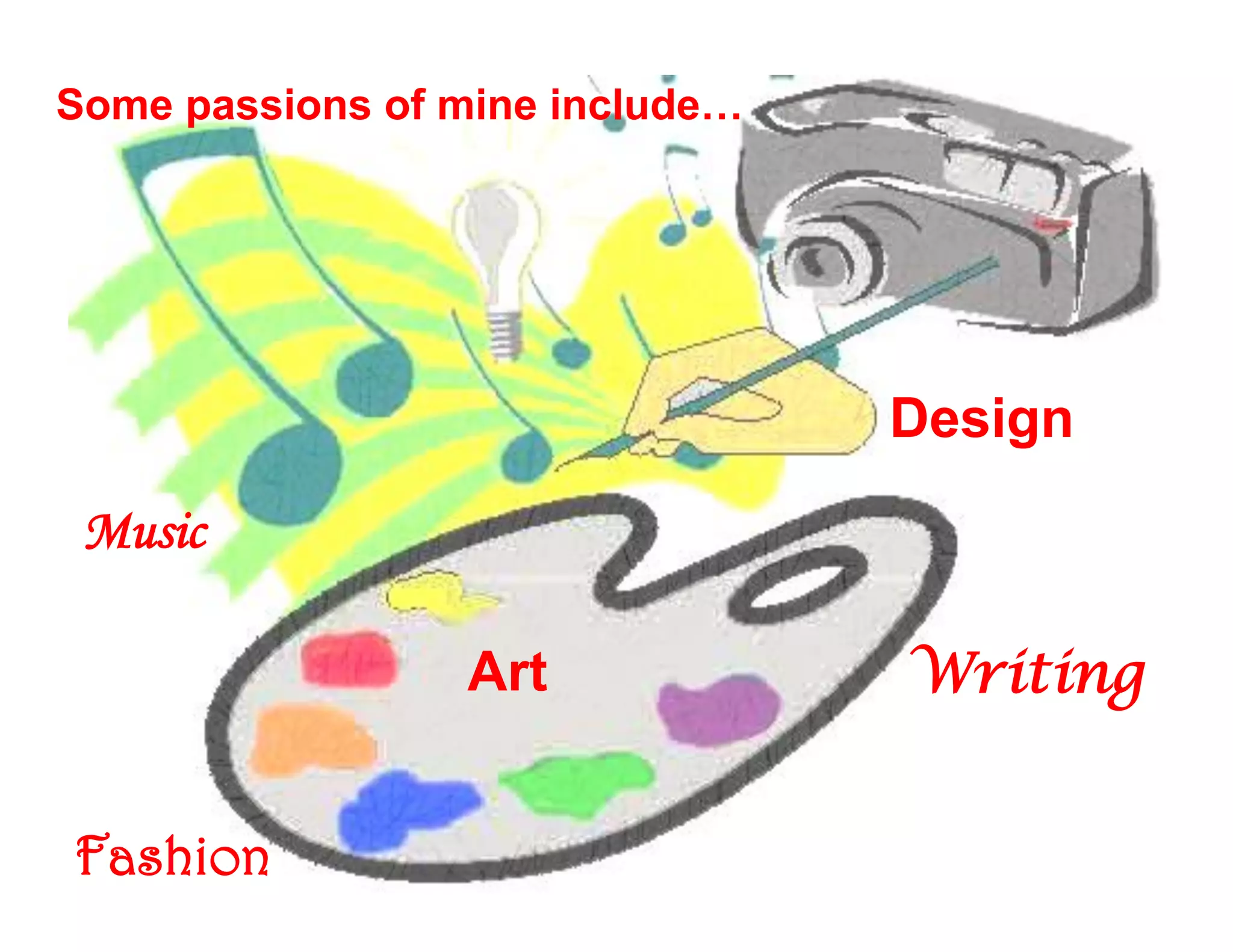 Some passions of mine include…




                                 Design
 Music

                 Art             Writing


Fashion
 