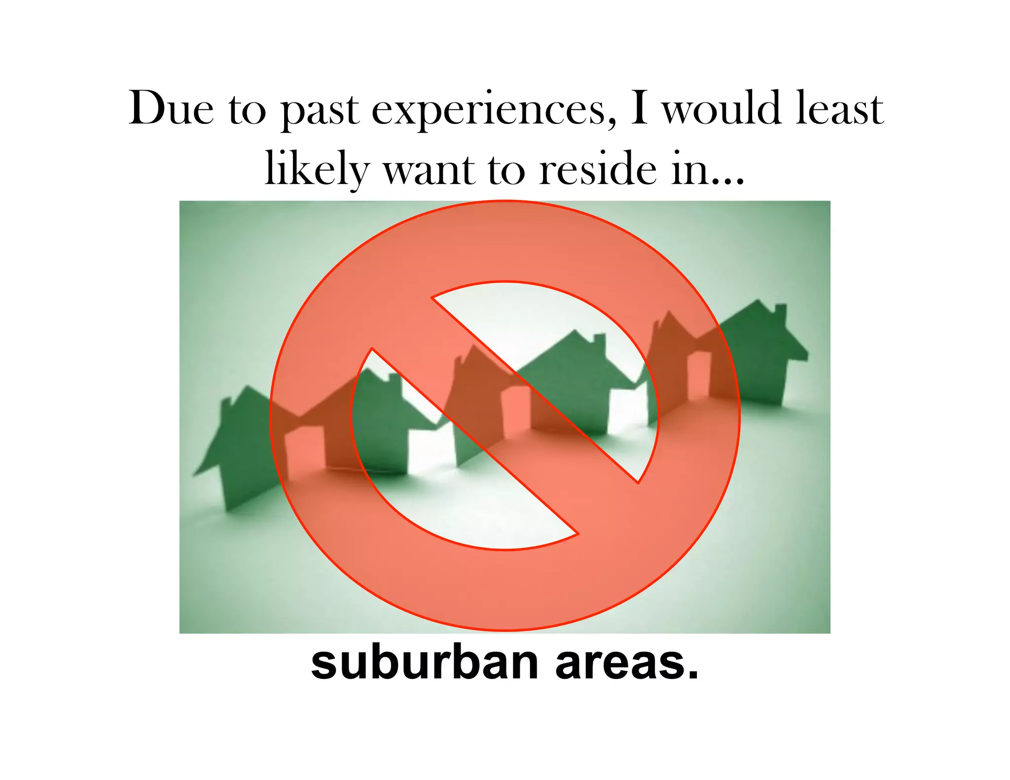 Due to past experiences, I would least
      likely want to reside in…




         suburban areas.
 