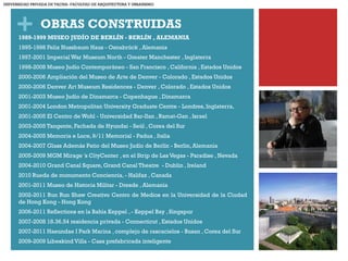 + OBRAS CONSTRUIDAS
1989-1999 MUSEO JUDÍO DE BERLÍN - BERLÍN , ALEMANIA
1995-1998 Felix Nussbaum Haus - Osnabrück , Alemania
1997-2001 Imperial War Museum North - Greater Manchester , Inglaterra
1998-2008 Museo Judío Contemporáneo - San Francisco , California , Estados Unidos
2000-2006 Ampliación del Museo de Arte de Denver - Colorado , Estados Unidos
2000-2006 Denver Art Museum Residences - Denver , Colorado , Estados Unidos
2001-2003 Museo Judío de Dinamarca - Copenhague , Dinamarca
2001-2004 London Metropolitan University Graduate Centre - Londres, Inglaterra,
2001-2005 El Centro de Wohl - Universidad Bar-Ilan , Ramat-Gan , Israel
2003-2005 Tangente, Fachada de Hyundai - Seúl , Corea del Sur
2004-2005 Memoria e Luce, 9/11 Memorial - Padua , Italia
2004-2007 Glass Además Patio del Museo Judío de Berlín - Berlin, Alemania
2005-2009 MGM Mirage 's CityCenter , en el Strip de Las Vegas - Paradise , Nevada
2004-2010 Grand Canal Square, Grand Canal Theatre - Dublin , Ireland
2010 Rueda de monumento Conciencia, - Halifax , Canada
2001-2011 Museo de Historia Militar - Dresde , Alemania
2002-2011 Run Run Shaw Creativo Centro de Medios en la Universidad de la Ciudad
de Hong Kong - Hong Kong
2006-2011 Reflections en la Bahía Keppel , - Keppel Bay , Singapur
2007-2008 18.36.54 residencia privada - Connecticut , Estados Unidos
2007-2011 Haeundae I Park Marina , complejo de rascacielos - Busan , Corea del Sur
2009-2009 Libeskind Villa - Casa prefabricada inteligente
UNIVERSIDAD PRIVADA DE TACNA- FACULTAD DE ARQUITECTURA Y URBANISMO
 
