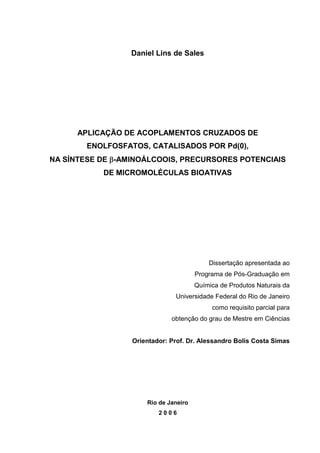 Daniel Lins de Sales
APLICAÇÃO DE ACOPLAMENTOS CRUZADOS DE
ENOLFOSFATOS, CATALISADOS POR Pd(0),
NA SÍNTESE DE -AMINOÁLCOOIS, PRECURSORES POTENCIAIS
DE MICROMOLÉCULAS BIOATIVAS
Dissertação apresentada ao
Programa de Pós-Graduação em
Química de Produtos Naturais da
Universidade Federal do Rio de Janeiro
como requisito parcial para
obtenção do grau de Mestre em Ciências
Orientador: Prof. Dr. Alessandro Bolis Costa Simas
Rio de Janeiro
2 0 0 6
 