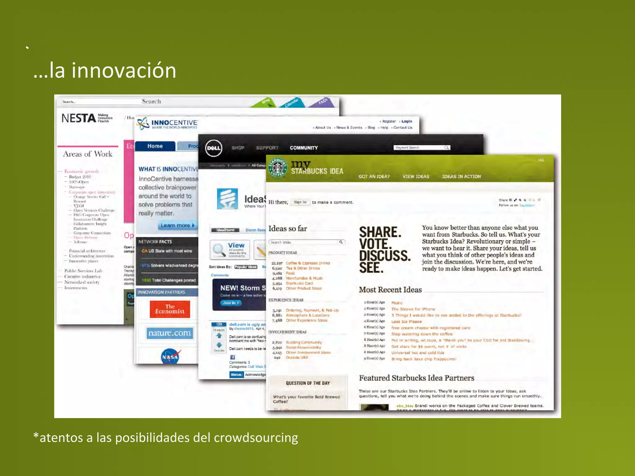 …la	
  innovación	
  




*atentos	
  a	
  las	
  posibilidades	
  del	
  crowdsourcing	
  
 