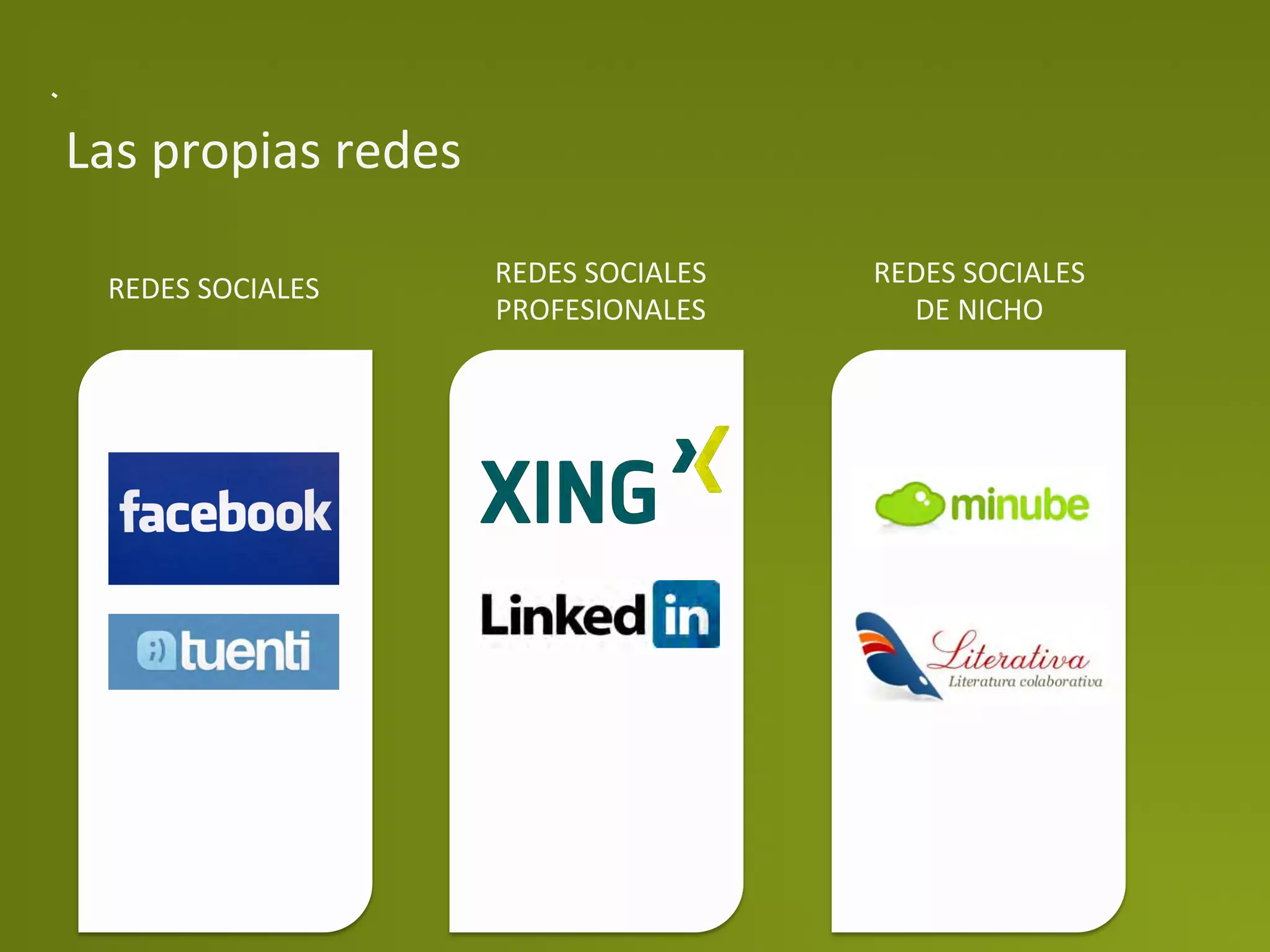 Las	
  propias	
  redes	
  

                              REDES	
  SOCIALES	
     REDES	
  SOCIALES	
  
  REDES	
  SOCIALES	
  
                              PROFESIONALES	
           DE	
  NICHO	
  
 