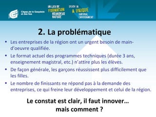 2. La problématique
• Les entreprises de la région ont un urgent besoin de main-
  d’oeuvre qualifiée.
• Le format actuel des programmes techniques (durée 3 ans,
  enseignement magistral, etc.) n’attire plus les élèves.
• De façon générale, les garçons réussissent plus difficilement que
  les filles.
• Le nombre de finissants ne répond pas à la demande des
  entreprises, ce qui freine leur développement et celui de la région.

          Le constat est clair, il faut innover…
                    mais comment ?
 