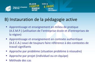 B) Instauration de la pédagogie active
• Apprentissage et enseignement en milieu de pratique
  (A.E.M.P.) (utilisation de l’entreprise-école et d’entreprises de
  la région)
• Apprentissage et enseignement en contexte authentique
  (A.E.C.A.) souci de toujours faire référence à des contextes de
  travail signifiants
• Approche par problème (situation problème à résoudre)
• Approche par projet (individuel ou en équipe)
• Méthode des cas
 