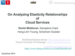Daniel Moldovan, Georgiana Copil,
Hong-Linh Truong, Schahram Dustdar
On Analyzing Elasticity Relationships
of
Cloud Services
Distributed Systems Group (http://dsg.tuwien.ac.at/)
Vienna University of Technology (http://www.tuwien.ac.at/)
d.moldovan@dsg.tuwien.ac.at
http://www.infosys.tuwien.ac.at/staff/dmoldovan/
CloudCom 2014
 