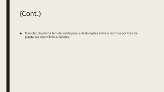 (Cont.)
■ O núcleo da planta tem de vantagens: a deslocações entre o centro e por fora da
planta são mais fáceis e rápidas.
