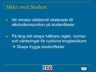 Målet med Student


Att minska våldsbrott relaterade till
alkoholkonsumtion på studentfester



På lång sikt skapa hållbara regler, normer
och värderingar för nyblivna krogbesökare
 Skapa trygga studentfester

 