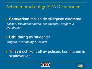 Arbetsmetod enligt STAD-metoden


Samverkan mellan de viktigaste aktörerna

(polisen, tillståndsenheten, skatteverket, krögare &
eventbolag)


Utbildning av studenter

(krögare, eventbolag & vakter)


Tillsyn och kontroll av polisen, kommunen &
skatteverket

 