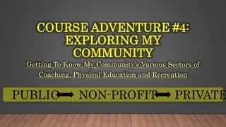 COURSE ADVENTURE #4:
EXPLORING MY
COMMUNITY
Getting To Know My Community’s Various Sectors of
Coaching, Physical Education and Recreation
PUBLIC PRIVATENON-PROFIT
 