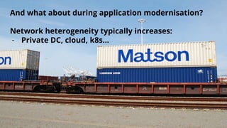 And what about during application modernisation?
Network heterogeneity typically increases:
- Private DC, cloud, k8s...
 