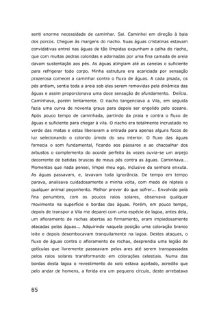 85
senti enorme necessidade de caminhar. Sai. Caminhei em direção à baia
dos porcos. Cheguei às margens do riacho. Suas águas cristalinas estavam
convidativas entrei nas águas de tão límpidas expunham a calha do riacho,
que com muitas pedras coloridas e adornadas por uma fina camada de areia
davam sustentação aos pés. As águas atingiam até as canelas o suficiente
para refrigerar todo corpo. Minha estrutura era acariciada por sensação
prazerosa comecei a caminhar contra o fluxo de águas. A cada pisada, os
pés ardiam, sentia toda a areia sob eles serem removidas pela dinâmica das
águas e assim proporcionava uma doce sensação de afundamento. Delícia.
Caminhava, porém lentamente. O riacho tangenciava a Vila, em seguida
fazia uma curva de noventa graus para depois ser engolido pelo oceano.
Após pouco tempo de caminhada, partindo da praia e contra o fluxo de
águas o suficiente para chegar à vila. O riacho era totalmente incrustado no
verde das matas e estas liberavam a entrada para apenas alguns focos de
luz selecionando o colorido úmido do seu interior. O fluxo das águas
fornecia o som fundamental, ficando aos pássaros e ao chacoalhar dos
arbustos o complemento do acorde perfeito às vezes ouvia-se um arpejo
decorrente de batidas bruscas de meus pés contra as águas. Caminhava...
Momentos que nada pensei, limpei meu ego, inclusive da senhora enxuta.
As águas passavam, e, lavavam toda ignorância. De tempo em tempo
parava, analisava cuidadosamente a minha volta, com medo de répteis e
qualquer animal peçonhento. Melhor prever do que sofrer... Envolvido pela
fina penumbra, com os poucos raios solares, observava qualquer
movimento na superfície e bordas das águas. Porém, em pouco tempo,
depois de transpor a Vila me deparei com uma espécie de lagoa, antes dela,
um afloramento de rochas abertas ao firmamento, eram impiedosamente
atacadas pelas águas... Adquirindo naquela posição uma coloração branco
leite e depois desembocavam tranquilamente na lagoa. Destes ataques, o
fluxo de águas contra o afloramento de rochas, desprendia uma legião de
gotículas que livremente passeavam pelos ares até serem transpassadas
pelos raios solares transformando em colorações celestiais. Numa das
bordas desta lagoa o revestimento do solo estava açoitado, acredito que
pelo andar de homens, a ferida era um pequeno circulo, deste arrebatava
 