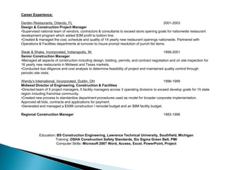 Administered procedures for handling store maintenance issues and tracking repairs and preventative maintenance programs.Core CompetenciesBudgeting & Cost Control Established ,monitored and maintained budgets for construction and facilities departments.