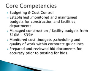 Managed facility group to meet the maintenance and service needs of stores. Participated in selection of corporate national account vendors.