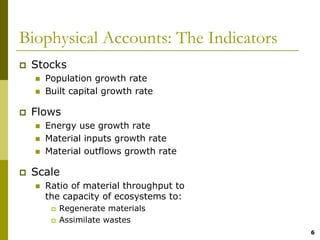 Biophysical Accounts: The Indicators
 Stocks
   Population growth rate
   Built capital growth rate

 Flows
   Energy use growth rate
   Material inputs growth rate
   Material outflows growth rate

 Scale
   Ratio of material throughput to
   the capacity of ecosystems to:
      Regenerate materials
      Assimilate wastes
                                       6
 