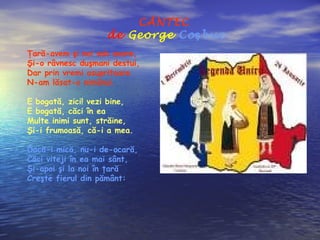 CÂNTEC 
de George Coşbuc 
Ţară-avem şi noi sub soare, 
Şi-o râvnesc duşmani destui, 
Dar prin vremi asupritoare 
N-am lăsat-o nimănui. 
E bogată, zici! vezi bine, 
E bogată, căci în ea 
Multe inimi sunt, străine, 
Şi-i frumoasă, că-i a mea. 
Dacă-i mică, nu-i de-ocară, 
Căci viteji în ea mai sânt, 
Şi-apoi şi la noi în ţară 
Creşte fierul din pământ: 
 