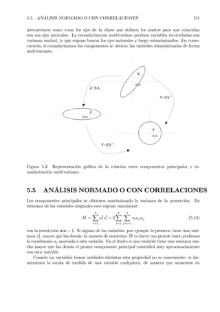 5.5. ANÁLISIS NORMADO O CON CORRELACIONES 151
interpretarse como rotar los ejes de la elipse que deÞnen los puntos para que coincidan
con sus ejes naturales. La estandarización multivariane produce variables incorreladas con
varianza unidad, lo que supone buscar los ejes naturales y luego estandarizarlos. En conse-
cuencia, si estandarizamos los componentes se obtiene las variables estandarizadas de forma
multivariante.
Z=XA
X
Z
(0,0)
Y=ZD
-1/2
Y=XS-1/2
Y
(0,0)
(0,0)
Figura 5.2: Representación gráÞca de la relación entre componentes principales y es-
tandarización multivariante.
5.5 ANÁLISIS NORMADO O CON CORRELACIONES
Los componentes principales se obtienen maximizando la varianza de la proyección. En
términos de las variables originales esto supone maximizar:
M =
p
X
i=1
a2
i s2
i + 2
p
X
i=1
p
X
j=i+1
aiajsij (5.13)
con la restricción a0
a = 1. Si alguna de las variables, por ejemplo la primera, tiene una vari-
anza s2
1, mayor que las demás, la manera de aumentar M es hacer tan grande como podamos
la coordenada a1 asociada a esta variable. En el límite si una variable tiene una varianza mu-
cho mayor que las demás el primer componente principal coincidirá muy aproximadamente
con esta variable.
Cuando las variables tienen unidades distintas esta propiedad no es conveniente: si dis-
minuimos la escala de medida de una variable cualquiera, de manera que aumenten en
 