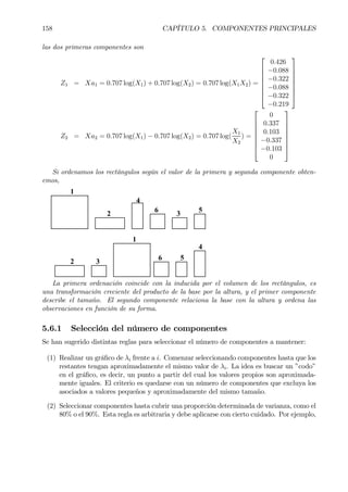 158 CAPÍTULO 5. COMPONENTES PRINCIPALES
las dos primeras componentes son
Z1 = Xa1 = 0.707 log(X1) + 0.707 log(X2) = 0.707 log(X1X2) =








0.426
−0.088
−0.322
−0.088
−0.322
−0.219








Z2 = Xa2 = 0.707 log(X1) − 0.707 log(X2) = 0.707 log(
X1
X2
) =








0
0.337
0.103
−0.337
−0.103
0








Si ordenamos los rectángulos según el valor de la primera y segunda componente obten-
emos,
1
1
2
2
3
3
4
4
5
5
6
6
La primera ordenación coincide con la inducida por el volumen de los rectángulos, es
una transformación creciente del producto de la base por la altura, y el primer componente
describe el tamaño. El segundo componente relaciona la base con la altura y ordena las
observaciones en función de su forma.
5.6.1 Selección del número de componentes
Se han sugerido distintas reglas para seleccionar el número de componentes a mantener:
(1) Realizar un gráÞco de λi frente a i. Comenzar seleccionando componentes hasta que los
restantes tengan aproximadamente el mismo valor de λi. La idea es buscar un ”codo”
en el gráÞco, es decir, un punto a partir del cual los valores propios son aproximada-
mente iguales. El criterio es quedarse con un número de componentes que excluya los
asociados a valores pequeños y aproximadamente del mismo tamaño.
(2) Seleccionar componentes hasta cubrir una proporción determinada de varianza, como el
80% o el 90%. Esta regla es arbitraria y debe aplicarse con cierto cuidado. Por ejemplo,
 