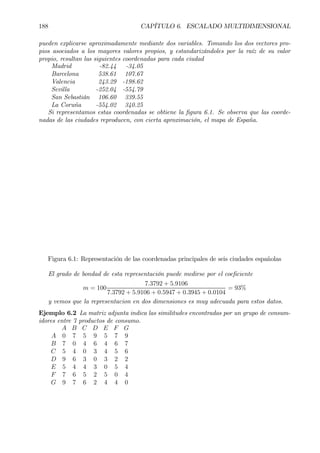 188 CAPÍTULO 6. ESCALADO MULTIDIMENSIONAL
pueden explicarse aproximadamente mediante dos variables. Tomando los dos vectores pro-
pios asociados a los mayores valores propios, y estandarizándoles por la raíz de su valor
propio, resultan las siguientes coordenadas para cada ciudad
Madrid -82.44 -34.05
Barcelona 538.61 107.67
Valencia 243.29 -198.62
Sevilla -252.04 -554.79
San Sebastián 106.60 339.55
La Coruña -554.02 340.25
Si representamos estas coordenadas se obtiene la Þgura 6.1. Se observa que las coorde-
nadas de las ciudades reproducen, con cierta aproximación, el mapa de España.
Figura 6.1: Representación de las coordenadas principales de seis ciudades españolas
El grado de bondad de esta representación puede medirse por el coeÞciente
m = 100
7.3792 + 5.9106
7.3792 + 5.9106 + 0.5947 + 0.3945 + 0.0104
= 93%
y vemos que la representacion en dos dimensiones es muy adecuada para estos datos.
Ejemplo 6.2 La matriz adjunta indica las similitudes encontradas por un grupo de consum-
idores entre 7 productos de consumo.
A B C D E F G
A 0 7 5 9 5 7 9
B 7 0 4 6 4 6 7
C 5 4 0 3 4 5 6
D 9 6 3 0 3 2 2
E 5 4 4 3 0 5 4
F 7 6 5 2 5 0 4
G 9 7 6 2 4 4 0
 