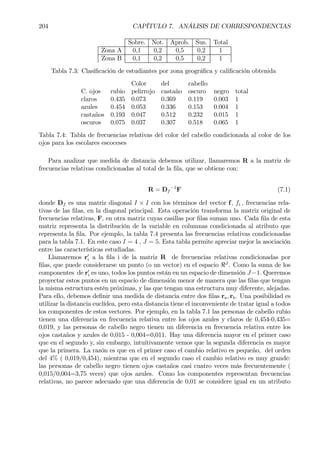 204 CAPÍTULO 7. ANÁLISIS DE CORRESPONDENCIAS
Sobre. Not. Aprob. Sus. Total
Zona A 0,1 0,2 0,5 0,2 1
Zona B 0,1 0,2 0,5 0,2 1
Tabla 7.3: ClasiÞcación de estudiantes por zona geográÞca y caliÞcación obtenida
Color del cabello
C. ojos rubio pelirrojo castaño oscuro negro total
claros 0.435 0.073 0.369 0.119 0.003 1
azules 0.454 0.053 0.336 0.153 0.004 1
castaños 0.193 0.047 0.512 0.232 0.015 1
oscuros 0.075 0.037 0.307 0.518 0.065 1
Tabla 7.4: Tabla de frecuencias relativas del color del cabello condicionada al color de los
ojos para los escolares escoceses
Para analizar que medida de distancia debemos utilizar, llamaremos R a la matriz de
frecuencias relativas condicionadas al total de la Þla, que se obtiene con:
R = Df
−1
F (7.1)
donde Df es una matriz diagonal I × I con los términos del vector f, fi., frecuencias rela-
tivas de las Þlas, en la diagonal principal. Esta operación transforma la matriz original de
frecuencias relativas, F, en otra matriz cuyas casillas por Þlas suman uno. Cada Þla de esta
matriz representa la distribución de la variable en columnas condicionada al atributo que
representa la Þla. Por ejemplo, la tabla 7.4 presenta las frecuencias relativas condicionadas
para la tabla 7.1. En este caso I = 4 , J = 5. Esta tabla permite apreciar mejor la asociación
entre las características estudiadas.
Llamaremos r0
i a la Þla i de la matriz R de frecuencias relativas condicionadas por
Þlas, que puede considerarse un punto (o un vector) en el espacio <J
. Como la suma de los
componentes de r0
i es uno, todos los puntos están en un espacio de dimensión J−1. Queremos
proyectar estos puntos en un espacio de dimensión menor de manera que las Þlas que tengan
la misma estructura estén próximas, y las que tengan una estructura muy diferente, alejadas.
Para ello, debemos deÞnir una medida de distancia entre dos Þlas ra, rb. Una posibilidad es
utilizar la distancia euclídea, pero esta distancia tiene el inconveniente de tratar igual a todos
los componentes de estos vectores. Por ejemplo, en la tabla 7.1 las personas de cabello rubio
tienen una diferencia en frecuencia relativa entre los ojos azules y claros de 0,454-0,435=
0,019, y las personas de cabello negro tienen un diferencia en frecuencia relativa entre los
ojos castaños y azules de 0,015 - 0,004=0,011. Hay una diferencia mayor en el primer caso
que en el segundo y, sin embargo, intuitivamente vemos que la segunda diferencia es mayor
que la primera. La razón es que en el primer caso el cambio relativo es pequeño, del orden
del 4% ( 0,019/0,454), mientras que en el segundo caso el cambio relativo es muy grande:
las personas de cabello negro tienen ojos castaños casi cuatro veces más frecuentemente (
0,015/0,004=3,75 veces) que ojos azules. Como los componentes representan frecuencias
relativas, no parece adecuado que una diferencia de 0,01 se considere igual en un atributo
 