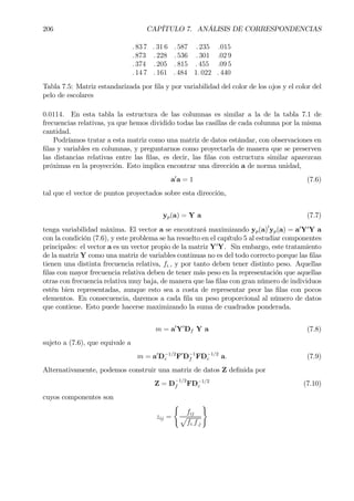 206 CAPÍTULO 7. ANÁLISIS DE CORRESPONDENCIAS
. 83 7 . 31 6 . 587 . 235 .015
. 873 . 228 . 536 . 301 .02 9
. 374 . 205 . 815 . 455 .09 5
. 14 7 . 161 . 484 1. 022 . 440
Tabla 7.5: Matriz estandarizada por Þla y por variabilidad del color de los ojos y el color del
pelo de escolares
0.0114. En esta tabla la estructura de las columnas es similar a la de la tabla 7.1 de
frecuencias relativas, ya que hemos dividido todas las casillas de cada columna por la misma
cantidad.
Podríamos tratar a esta matriz como una matriz de datos estándar, con observaciones en
Þlas y variables en columnas, y preguntarnos como proyectarla de manera que se preserven
las distancias relativas entre las Þlas, es decir, las Þlas con estructura similar aparezcan
próximas en la proyección. Esto implica encontrar una dirección a de norma unidad,
a0
a = 1 (7.6)
tal que el vector de puntos proyectados sobre esta dirección,
yp(a) = Y a (7.7)
tenga variabilidad màxima. El vector a se encontrará maximizando yp(a)0
yp(a) = a0
Y0
Y a
con la condición (7.6), y este problema se ha resuelto en el capítulo 5 al estudiar componentes
principales: el vector a es un vector propio de la matriz Y0
Y. Sin embargo, este tratamiento
de la matriz Y como una matriz de variables continuas no es del todo correcto porque las Þlas
tienen una distinta frecuencia relativa, fi., y por tanto deben tener distinto peso. Aquellas
Þlas con mayor frecuencia relativa deben de tener más peso en la representación que aquellas
otras con frecuencia relativa muy baja, de manera que las Þlas con gran número de individuos
estén bien representadas, aunque esto sea a costa de representar peor las Þlas con pocos
elementos. En consecuencia, daremos a cada Þla un peso proporcional al número de datos
que contiene. Esto puede hacerse maximizando la suma de cuadrados ponderada.
m = a0
Y0
Df Y a (7.8)
sujeto a (7.6), que equivale a
m = a0
D−1/2
c F0
D−1
f FD−1/2
c a. (7.9)
Alternativamente, podemos construir una matriz de datos Z deÞnida por
Z = D
−1/2
f FD−1/2
c (7.10)
cuyos componentes son
zij =
(
fij
p
fi.f.j
)
 