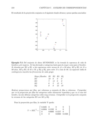 218 CAPÍTULO 7. ANÁLISIS DE CORRESPONDENCIAS
El resultado de la proyección conjunta es el siguiente donde alturas y pesos quedan asociados:
-0.1 -0.05 0 0.05 0.1 0.15
-0.06
-0.04
-0.02
0
0.02
0.04
0.06
0.08
0.1
A1
P1
A2
P2
A3
P3
A4
P4
Ejemplo 7.5 Del conjunto de datos MUNDODES, se ha tomado la esperanza de vida de
hombres y de mujeres. Se han formado 4 categorias tanto para la mujer como para el hombre.
Se denotan por M1 y H1, a las esperanzas entre menos de 41 a 50 años, M2 y H2, de 51 a
60 años, M3 y H3, de 61 a 70, y M4 y H4, para entre 71 a más de 80. La siguiente tabla de
contingencia muestra las frecuencias de cada grupo:
Mujer/Hombre H1 H2 H3 H4
M1 10 0 0 0
M2 7 12 0 0
M3 0 5 15 0
M4 0 0 23 19
Realizar proyecciones por Þlas, por columnas y conjunta de Þlas y columnas. Comprobar
que en la proyección por Þlas las categorias están claramente separadas y que en el caso del
hombre, las dos últimas categorías están muy cercanas. Comprobar en la proyección conjunta
la cercania de las categorías H3 con M3 y M4.
Para la proyección por Þlas, la variable Y queda:
Y = RD
−1
2
c =




0.2425 0 0 0
0.0894 0.1532 0 0
0 0.0606 0.1217 0
0 0 0.0888 0.1038




 
