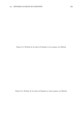8.2. MÉTODOS CLÁSICOS DE PARTICIÓN 233
Figura 8.4: División de los datos de Ruspini en tres grupos con Minitab
Figura 8.5: División de los datos de Ruspini en cuatro grupos con Minitab
 