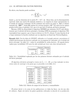12.3. EL MÉTODO DEL FACTOR PRINCIPAL 369
En efecto, esta función puede escribirse
F =
p
X
i=1
p
X
j=1
(sij − vij)2
(12.18)
donde vij son los elementos de la matriz V = ΛΛ0
+ ψ. Ahora bien, por la descomposición
espectral, dada una matriz S cuadrada simétrica y no negativa la mejor aproximación en
el sentido de mínimos cuadrados (12.18) mediante una matriz de rango m, AA0
se obtiene
tomando A = HD1/2
, donde H contiene los vectores propios y D1/2
las raíces de los valores
propios de S (véase el apéndice 5.2), que es lo que hace el método del factor principal.
Harman (1976) ha desarrollado el algoritmo MINRES que minimiza (12.17) más eÞcien-
temente que el método del factor principal y Joreskog (1976) ha propuesto el algoritmo USL
(unweighted least squares), que se basa en derivar en (12.17), obtener bΛ como función de ψ
y luego minimizar la función resultante por un algoritmo no lineal tipo Newton-Raphson.
Ejemplo 12.5 Con los datos de INVEST, utilizados en el ejemplo anterior, presentamos el
análisis factorial para dos factores realizado con un programa de ordenador con el método del
factor principal. La tabla 12.1 indica la variabilidad de ambos factores. El segundo factor
explica poca variabilidad (2%) pero ha sido incluido por tener una clara interpretación.
Factor1 Factor2
Variabilidad 7.18 0.17
Ph 0.89 0.02
Ph
i=1 Ph 0.89 0.91
Tabla 12.1: Variabilidad explicada por los dos primeros factores estimados por el método
del factor principal.
El algoritmo del factor principal se inicia con bψj = 1 − R2
j , y se han realizado 14 itera-
ciones antes de converger a los pesos que se presentan en la tabla 12.2.
Factor1 Factor2 ψ2
i
INTER.A 0.97 -0.06 0.04
INTER.B 0.87 0.16 0.22
AGRIC. 0.97 -0.03 0.06
BIOLO. 0.95 -0.24 0.02
MEDIC. 0.99 -0.10 0.02
QUIMI. 0.91 -0.09 0.17
INGEN. 0.94 0.21 0.06
FÍSICA 0.97 0.17 0.03
Tabla 12.2: Matriz de cargas de los factores y comunalidades
El primer factor es la suma de las publicaciones en todas las bases, nos da una idea
de volumen. Según este factor los países quedarían ordenados en función de su producción
 