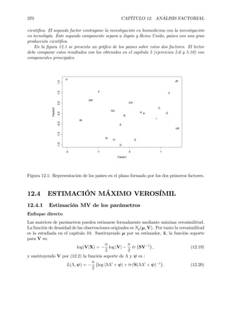 370 CAPÍTULO 12. ANÁLISIS FACTORIAL
cientíÞca. El segundo factor contrapone la investigación en biomedicina con la investigación
en tecnología. Este segundo componente separa a Japón y Reino Unido, países con una gran
producción cientíÞca.
En la Þgura 12.1 se presenta un gráÞco de los paises sobre estos dos factores. El lector
debe comparar estos resultados con los obtenidos en el capítulo 5 (ejercicios 5.6 y 5.10) con
componentes principales.
Factor1
Factor2
-2 -1 0 1
-1.5-1.0-0.50.00.51.01.5
UK
JP
F
G
C
I
AH
S
CH
E
B
D
AU
FI
N
Y
GR
IR
P
Figura 12.1: Representación de los países en el plano formado por los dos primeros factores.
12.4 ESTIMACIÓN MÁXIMO VEROSÍMIL
12.4.1 Estimación MV de los parámetros
Enfoque directo
Las matrices de parámetros pueden estimarse formalmente mediante máxima verosimilitud.
La función de densidad de las observaciones originales es Np(µ, V). Por tanto la verosimilitud
es la estudiada en el capítulo 10. Sustituyendo µ por su estimador, x, la función soporte
para V es:
log(V|X) = −
n
2
log |V| −
n
2
tr
¡
SV−1
¢
, (12.19)
y sustituyendo V por (12.2) la función soporte de Λ y ψ es :
L(Λ, ψ) = −
n
2
¡
log |ΛΛ0
+ ψ| + tr(S(ΛΛ0
+ ψ)−1
¢
. (12.20)
 
