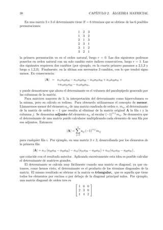 38 CAPÍTULO 2. ÁLGEBRA MATRICIAL
En una matriz 3×3 el determinante tiene 3! = 6 términos que se obtiene de las 6 posibles
permutaciones:
1 2 3
1 3 2
2 1 3
2 3 1
3 1 2
3 2 1
la primera permutación va en el orden natural, luego r = 0. Las dos siguientes podemos
ponerlos en orden natural con un solo cambio entre índices consecutivos, luego r = 1. Las
dos siguientes requieren dos cambios (por ejemplo, en la cuarta primero pasamos a 2,1,3 y
luego a 1,2,3). Finalmente, en la última son necesarios 3 cambios, con lo que tendrá signo
menos. En consecuencia:
|A| = a11a22a33 − a11a23a32 − a12a21a33 + a12a23a31 +
+a13a21a32 − a13a22a31,
y puede demostrarse que ahora el determinante es el volumen del paralepípedo generado por
las columnas de la matriz.
Para matrices mayores de 3, la interpretación del determinante como hipervolumen es
la misma, pero su cálculo es tedioso. Para obtenerlo utilizaremos el concepto de menor.
Llamaremos menor del elemento aij de una matriz cuadrada de orden n, mij, al determinante
de la matriz de orden n − 1 que resulta al eliminar de la matriz original A la Þla i y la
columna j. Se denomina adjunto del elemento aij al escalar (−1)i+j
mij. Se demuestra que
el determinante de una matriz puede calcularse multiplicando cada elemento de una Þla por
sus adjuntos. Entonces:
|A| =
nX
j=1
aij (−1)i+j
mij
para cualquier Þla i. Por ejemplo, en una matriz 3 × 3, desarrollando por los elementos de
la primera Þla
|A| = a11 (a22a33 − a23a32) − a12 (a21a33 − a23a31) + a13 (a21a32 − a22a31) ,
que coincide con el resultado anterior. Aplicando sucesivamente esta idea es posible calcular
el determinante de matrices grandes.
El determinante se calcula muy fácilmente cuando una matriz es diagonal, ya que en-
tonces, como hemos visto, el determinante es el producto de los términos diagonales de la
matriz. El mismo resultado se obtiene si la matriz es triangular, que es aquella que tiene
todos los elementos por encima o por debajo de la diagonal principal nulos. Por ejemplo,
una matriz diagonal de orden tres es


1 0 0
2 3 0
1 4 2


 