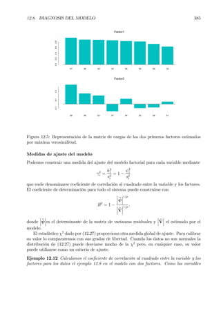 12.8. DIAGNOSIS DEL MODELO 385
X7 X8 X4 X3 X6 X5 X9 X2
0.00.20.40.60.8
Factor1
X9 X6 X2 X7 X4 X3 X8 X1
-0.10.10.3
Factor2
Figura 12.5: Representación de la matriz de cargas de los dos primeros factores estimados
por máxima verosimilitud.
Medidas de ajuste del modelo
Podemos construir una medida del ajuste del modelo factorial para cada variable mediante
γ2
i =
h2
i
s2
i
= 1 −
ψ2
i
s2
i
que suele denominarse coeÞciente de correlación al cuadrado entre la variable y los factores.
El coeÞciente de determinación para todo el sistema puede construirse con
R2
= 1 −
¯
¯
¯bψ
¯
¯
¯
1/p
¯
¯
¯ bV
¯
¯
¯
1/p
,
donde
¯
¯
¯bψ
¯
¯
¯es el determinante de la matriz de varianzas residuales y
¯
¯
¯ bV
¯
¯
¯ el estimado por el
modelo.
El estadístico χ2
dado por (12.27) proporciona otra medida global de ajuste. Para calibrar
su valor lo compararemos con sus grados de libertad. Cuando los datos no son normales la
distribución de (12.27) puede desviarse mucho de la χ2
pero, en cualquier caso, su valor
puede utilizarse como un criterio de ajuste.
Ejemplo 12.12 Calculamos el coeÞciente de correlación al cuadrado entre la variable y los
factores para los datos el ejemplo 12.8 en el modelo con dos factores. Como las variables
 