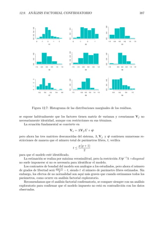 12.9. ANÁLISIS FACTORIAL CONFIRMATORIO 387
-2 -1 0 1 2
0.00.20.40.6
X1
-2 -1 0 1
0.00.20.4
X2
-1.0 -0.5 0.0 0.5 1.0 1.5
0.00.40.8
X3
-1.0 -0.5 0.0 0.5 1.0 1.5
0.00.40.8
X4
-1.5 -1.0 -0.5 0.0 0.5 1.0
0.00.20.40.6 X5
-1.5 -0.5 0.0 0.5 1.0 1.5
0.00.40.8
X6
-0.2 0.0 0.2 0.4 0.6
0123
X7
-1.5 -0.5 0.0 0.5 1.0 1.5
0.00.40.8
X8
-0.5 0.0 0.5 1.0
0.00.40.8
X9
Figura 12.7: Histograma de las distribuciones marginales de los residuos.
se supone habitualmente que los factores tienen matriz de varianza y covarianzas Vf no
necesariamente identidad, aunque con restricciones en sus términos.
La ecuación fundamental se convierte en
Vx = ΛVf Λ0
+ ψ
pero ahora las tres matrices desconocidas del sistema, Λ, Vf y ψ contienen numerosas re-
stricciones de manera que el número total de parámetros libres, t, veriÞca
t ≤
p (p + 1)
2
para que el modelo esté identiÞcado.
La estimación se realiza por máxima verosimilitud, pero la restricción Λ0
ψ−1
Λ =diagonal
no suele imponerse si no es necesaria para identiÞcar el modelo.
Los contrastes de bondad del modelo son análogos a los estudiados, pero ahora el número
de grados de libertad será p(p+1)
2
− t, siendo t el número de parámetro libres estimados. Sin
embargo, los efectos de no normalidad son aquí más graves que cuando estimamos todos los
parámetros, como ocurre en análisis factorial exploratorio.
Recomendamos que el análisis factorial conÞrmatorio, se compare siempre con un análisis
exploratorio para conÞrmar que el modelo impuesto no está en contradicción con los datos
observados.
 