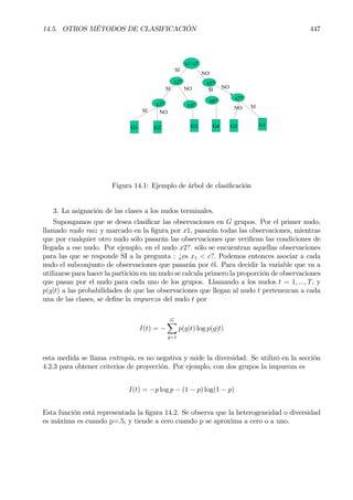 14.5. OTROS MÉTODOS DE CLASIFICACIÓN 447
x2?
x3?
x5?
x7?
G2
x4?
G3
x6?
G1 G4 G1G3
SI
SI
SI
NO
NO
NO
NO
NO
SI
SI
x1<c?
Figura 14.1: Ejemplo de árbol de clasiÞcación
3. La asignación de las clases a los nudos terminales.
Supongamos que se desea clasiÞcar las observaciones en G grupos. Por el primer nudo,
llamado nudo raiz y marcado en la Þgura por x1, pasarán todas las observaciones, mientras
que por cualquier otro nudo sólo pasarán las observaciones que veriÞcan las condiciones de
llegada a ese nudo. Por ejemplo, en el nudo x2?. sólo se encuentran aquellas observaciones
para las que se responde SI a la pregunta : ¿es x1 < c?. Podemos entonces asociar a cada
nudo el subconjunto de observaciones que pasarán por él. Para decidir la variable que va a
utilizarse para hacer la partición en un nudo se calcula primero la proporción de observaciones
que pasan por el nudo para cada uno de los grupos. Llamando a los nudos t = 1, ..., T, y
p(g|t) a las probabilidades de que las observaciones que llegan al nudo t pertenezcan a cada
una de las clases, se deÞne la impureza del nudo t por
I(t) = −
GX
g=1
p(g|t) log p(g|t)
esta medida se llama entropía, es no negativa y mide la diversidad. Se utilizó en la sección
4.2.3 para obtener criterios de proyección. Por ejemplo, con dos grupos la impureza es
I(t) = −p log p − (1 − p) log(1 − p)
Esta función está representada la Þgura 14.2. Se observa que la heterogeneidad o diversidad
es máxima es cuando p=.5, y tiende a cero cuando p se aproxima a cero o a uno.
 