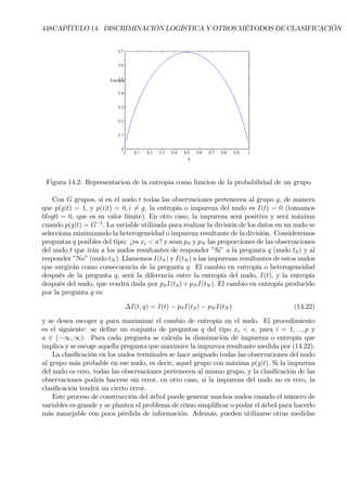 448CAPÍTULO 14. DISCRIMINACIÓN LOGÍSTICA Y OTROS MÉTODOS DE CLASIFICACIÓN
Figura 14.2: Representacion de la entropia como funcion de la probabilidad de un grupo
Con G grupos, si en el nudo t todas las observaciones pertenecen al grupo g, de manera
que p(g|t) = 1, y p(i|t) = 0, i 6= g, la entropía o impureza del nudo es I(t) = 0 (tomamos
0log0 = 0, que es su valor límite). En otro caso, la impureza será positiva y será máxima
cuando p(g|t) = G−1
. La variable utilizada para realizar la división de los datos en un nudo se
selecciona minimizando la heterogeneidad o impureza resultante de la división. Consideremos
preguntas q posibles del tipo: ¿es xi < a? y sean pS y pN las proporciones de las observaciones
del nudo t que irán a los nudos resultantes de responder ”Si” a la pregunta q (nudo tS) y al
responder ”No” (nudo tN ). Llamemos I(tS) y I(tN ) a las impurezas resultantes de estos nudos
que surgirán como consecuencia de la pregunta q. El cambio en entropía o heterogeneidad
después de la pregunta q, será la diferencia entre la entropía del nudo, I(t), y la entropía
después del nudo, que vendrá dada por pSI(tS) + pN I(tN ). El cambio en entropía producido
por la pregunta q es:
∆I(t, q) = I(t) − pSI(tS) − pN I(tN ) (14.22)
y se desea escoger q para maximizar el cambio de entropía en el nudo. El procedimiento
es el siguiente: se deÞne un conjunto de preguntas q del tipo xi < a, para i = 1, ..., p y
a ∈ (−∞, ∞). Para cada pregunta se calcula la disminución de impureza o entropía que
implica y se escoge aquella pregunta que maximice la impureza resultante medida por (14.22).
La clasiÞcación en los nudos terminales se hace asignado todas las observaciones del nudo
al grupo más probable en ese nudo, es decir, aquel grupo con máxima p(g|t). Si la impureza
del nudo es cero, todas las observaciones pertenecen al mismo grupo, y la clasiÞcación de las
observaciones podría hacerse sin error, en otro caso, si la impureza del nudo no es cero, la
clasiÞcación tendrá un cierto error.
Este proceso de construcción del árbol puede generar muchos nudos cuando el número de
variables es grande y se plantea el problema de cómo simpliÞcar o podar el árbol para hacerlo
más manejable con poca pérdida de información. Además, pueden utilizarse otras medidas
 