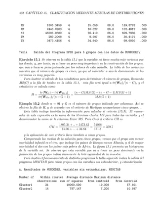 462 CAPÍTULO 15. CLASIFICACIÓN MEDIANTE MEZCLAS DE DISTRIBUCIONES
EH 1805.3459 4 15.059 86.0 119.8792 .000
EM 2443.0903 4 16.022 86.0 152.4812 .000
MI 46595.0380 4 76.410 86.0 609.7986 .000
TM 289.2008 4 9.507 86.0 30.4191 .000
TN 3473.4156 4 34.840 86.0 99.6950 .000
Tabla Salida del Programa SPSS para 5 grupos con los datos de MUNDODES
Ejercicio 15.1 Se observa en la tabla 15.1 que la variable mi tiene mucha más varianza que
las demás, y, por tanto, va a tener un peso muy importante en la construcción de los grupos,
que van a hacerse principalmente por los valores de esta variable. La tabla de las varianzas
muestra que el número de grupos es cinco, ya que al aumentar a seis la disminución de las
varianzas es muy pequeña.
Para ilustrar el cálculo de los estadísticos para determinar el número de grupos, llamando
MS(G) a la Þla de totales en la tabla 15.1, esta Þla será igual a tr(WG)/(n − G), y el
estadistico se calcula como
H =
tr(WG) − tr(WG+1)
tr(WG+1)/(n − G − 1)
=
(n − G)MS(G) − (n − G − 1)MS(G + 1)
MS(G + 1)
Ejemplo 15.2 donde n = 91 y G es el número de grupos indicado por columnas. Así se
obtiene la Þla de H, y de acuerdo con el criterio de Hartigan escogeríamos cinco grupos. .
Esta tabla incluye también la información para calcular el criterio (15.5). El numer-
ador de esta expresión es la suma de los términos cluster MS para todas las variables y el
denominador la suma de la columna Error MS. Para G=5 el criterio CH es
CH =
1805.34 + .. + 3473.42
15.06 + ... + 34.84
=
54606
151.8
= 359.7
y la aplicación de este criterio lleva también a cinco grupos.
Comparando las medias de la solución para cinco grupos, vemos que el grupo con menor
mortalidad infantil es el tres, que incluye los paises de Europa menos Albania, y el de mayor
mortalidad el dos con los países más pobres de Africa. La Þgura 15.1 presenta un histograma
de la variable mi. Se observa que esta variable que va a tener un peso dominante en la
formación de los grupos indica claramente la heterogeneidad de la muestra.
Para ilustra el funcionamiento de distintos programas la tabla siguiente indica la salida del
programa MINITAB para cinco grupos con las variables sin estandarizar, y estandarizadas
A. Resultados de MUNDODES, variables sin estandarizar. MINITAB
Number of Within cluster Average distance Maximum distance
observations sum of squares from centroid from centroid
Cluster1 21 10060.590 19.308 57.601
Cluster2 14 797.147 7.200 10.897
 