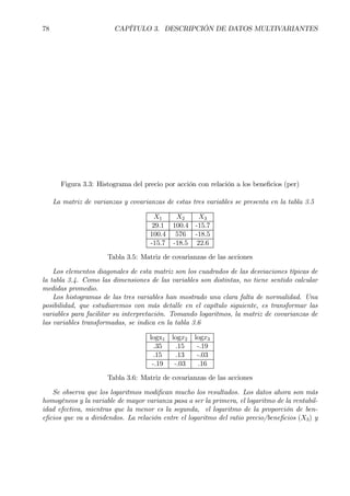 78 CAPÍTULO 3. DESCRIPCIÓN DE DATOS MULTIVARIANTES
Figura 3.3: Histograma del precio por acción con relación a los beneÞcios (per)
La matriz de varianzas y covarianzas de estas tres variables se presenta en la tabla 3.5
X1 X2 X3
29.1 100.4 -15.7
100.4 576 -18.5
-15.7 -18.5 22.6
Tabla 3.5: Matriz de covarianzas de las acciones
Los elementos diagonales de esta matriz son los cuadrados de las desviaciones típicas de
la tabla 3.4. Como las dimensiones de las variables son distintas, no tiene sentido calcular
medidas promedio.
Los histogramas de las tres variables han mostrado una clara falta de normalidad. Una
posibilidad, que estudiaremos con más detalle en el capítulo siguiente, es transformar las
variables para facilitar su interpretación. Tomando logaritmos, la matriz de covarianzas de
las variables transformadas, se indica en la tabla 3.6
logx1 logx2 logx3
.35 .15 -.19
.15 .13 -.03
-.19 -.03 .16
Tabla 3.6: Matriz de covarianzas de las acciones
Se observa que los logaritmos modiÞcan mucho los resultados. Los datos ahora son más
homogéneos y la variable de mayor varianza pasa a ser la primera, el logaritmo de la rentabil-
idad efectiva, mientras que la menor es la segunda, el logaritmo de la proporción de ben-
eÞcios que va a dividendos. La relación entre el logaritmo del ratio precio/beneÞcios (X3) y
 