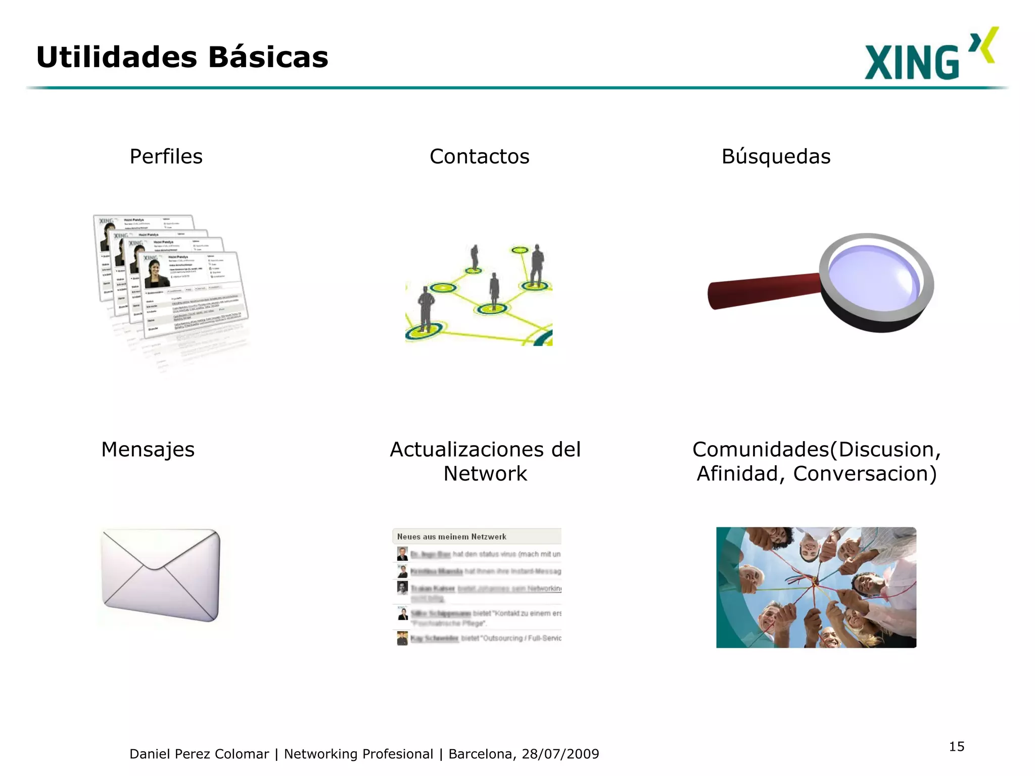 Utilidades Básicas Perfiles Contactos Mensajes Actualizaciones del Network Comunidades(Discusion, Afinidad, Conversacion) Búsquedas 