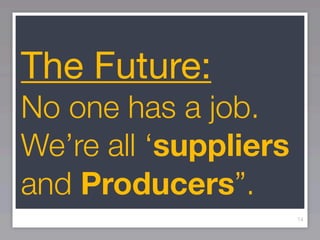 The Future:
No one has a job.
We’re all ‘suppliers
and Producers”.
                       14
 