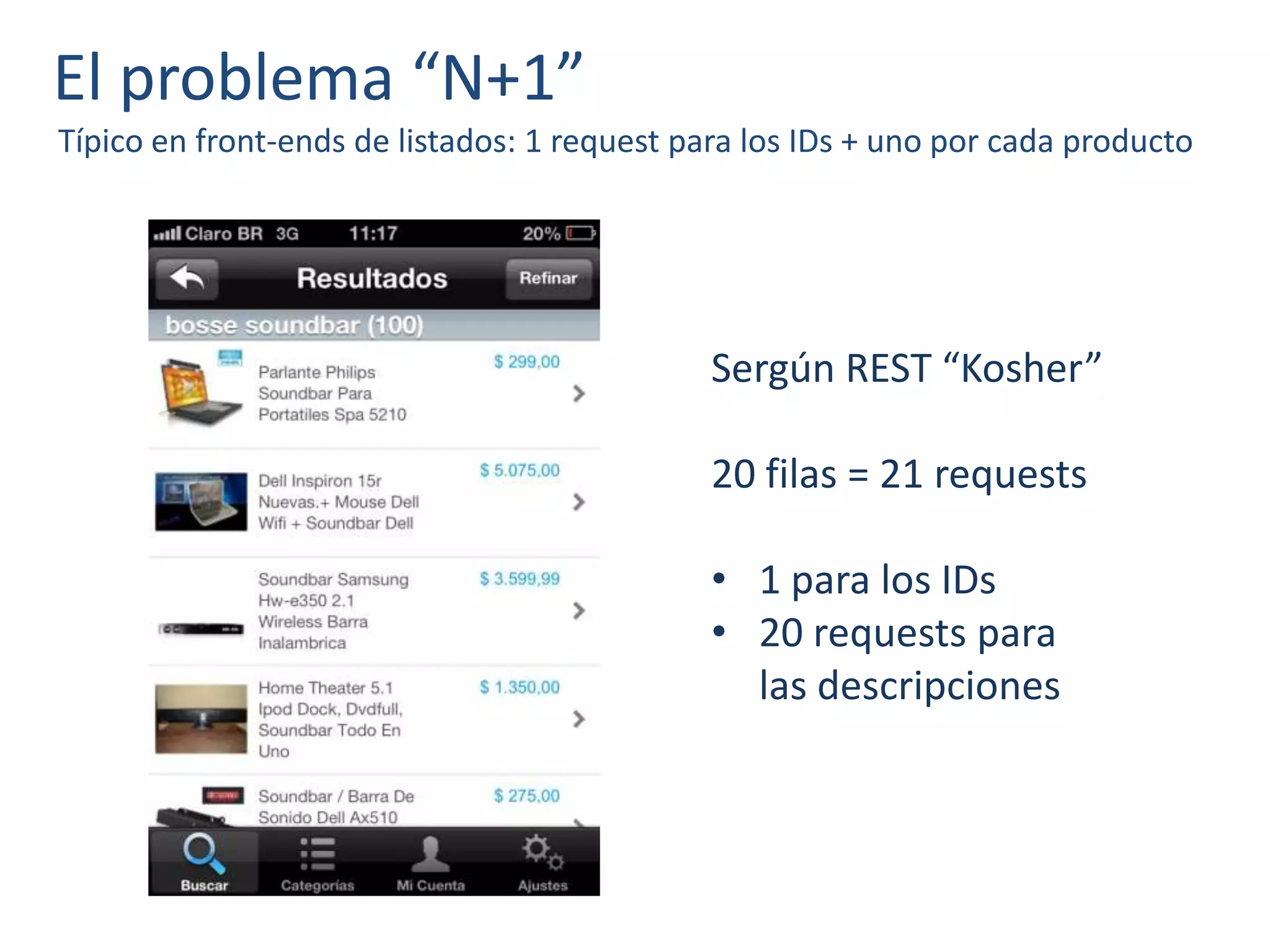 El problema “N+1”
Típico en front-ends de listados: 1 request para los IDs + uno por cada producto
Sergún REST “Kosher”
20 filas = 21 requests
• 1 para los IDs
• 20 requests para
las descripciones
 
