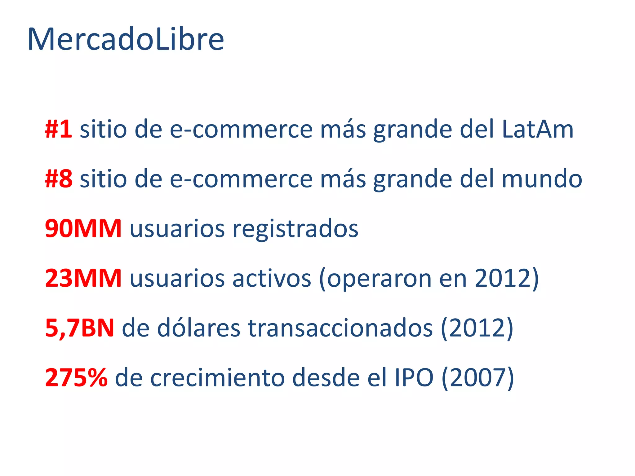 MercadoLibre
#1 sitio de e-commerce más grande del LatAm
#8 sitio de e-commerce más grande del mundo
90MM usuarios registrados
23MM usuarios activos (operaron en 2012)
5,7BN de dólares transaccionados (2012)
275% de crecimiento desde el IPO (2007)
 